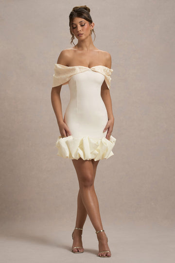 Alegre Ecru Jacquard Bardot Mini Dress With Ruffle Hem